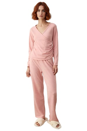 Kadın Kruvaze Büzgülü Yumuşak Kışlık Örme Pijama Takımı Fonksiyonel Dayanıklı Kaliteli Şık