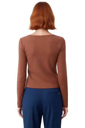 Kadın Fitted Bisiklet Yaka Uzun Kollu Düğmeli Haki Renk Esnek Dokuma Bluz Günlük Kış Modası İçin