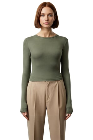 Kadın Pembe Viskon Ribana Dokulu Fitted Bisiklet Yaka Uzun Kollu Crop Bluz Günlük Kullanıma Uygun