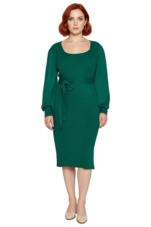 Kadın Triko Bodycon Kalıp Midi Elbise Kare Yaka Balon Kol Detaylı Kuşaklı Şık Tasarım Kaliteli
