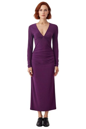 Kadınlar İçin Bodycon Kesim V Yaka Büzgülü Astarlı Maxi Örme Elbise Şık Davetler İdeal