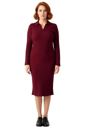 Kadın Polo Yaka Fitilli Bodycon Triko Midi Elbise Uzun Kollu Kış Günlük Şık Akrilik Tasarım