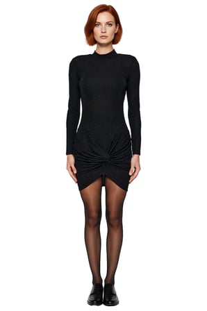 Kadın Siyah Bodycon Simli Örme Uzun Kollu Dik Yaka Anvelop Detaylı Kısa Abiye Elbise Kış Kombinleri