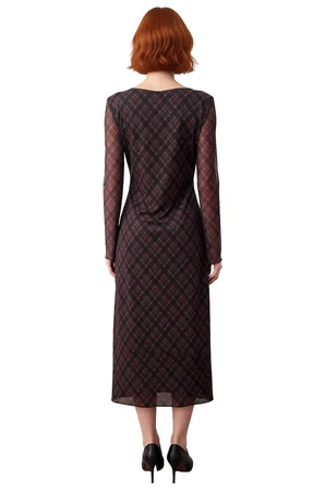 Kadın V Yaka Bodycon Ekose Maxi Elbise Bağlama Detaylı Uzun Kollu Şık Tül Dokulu Kışlık Kombin