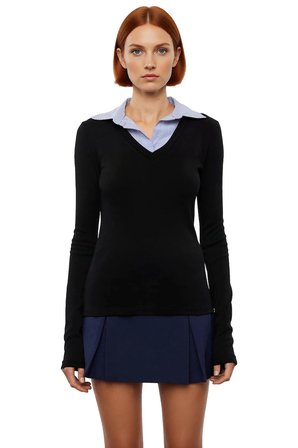 Kadın Bordo Polo Yaka Renk Bloklu Uzun Kollu Basic Siluet Smart Persona 100% Pamuk Kışlık Triko Üst