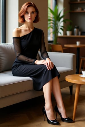 Kadın Siyah Düz Astarlı Midi Boy Bodycon Asimetrik Yaka Uzun Tül Kol Örme Elbise Şık Kışlık
