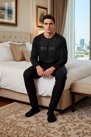 Erkek Slogan Baskılı Reglan Kol Pijama Takımı Fonksiyonel Dayanıklı Kaliteli Konforlu Spor
