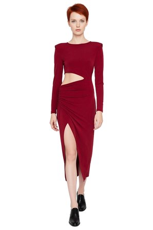 Kadın Bordo Bodycon Kesim Uzun Kollu Cut Out Detaylı Şık Maxi Elbise Gece Mezuniyet Davetleri