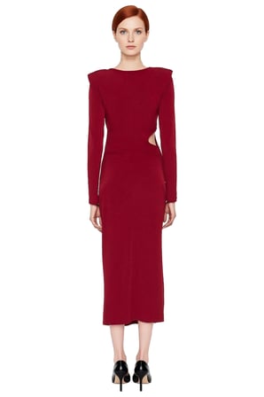 Kadın Bordo Bodycon Kesim Uzun Kollu Cut Out Detaylı Şık Maxi Elbise Gece Mezuniyet Davetleri