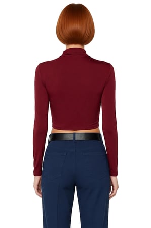 Kadın Bordo Dik Yaka Drapeli Anvelop Kapanışlı Asimetrik Siluetli Uzun Kollu Super Crop Örme Bluz