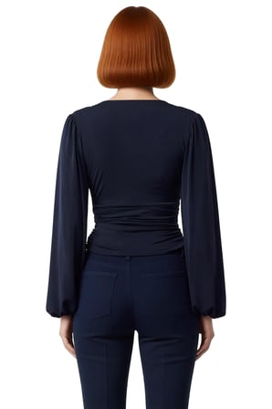 Kadın Lacivert V Yaka Balon Kol Esnek Örme Kruvaze Detaylı Smart Bluz Günlük Kullanım İçin İdeal