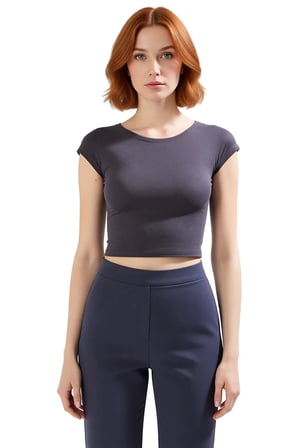 Bisiklet Yaka Fitted Crop Örme Bluz Viskon Ribana Yazlık Profesyonel Görünüm Özel Tasarım