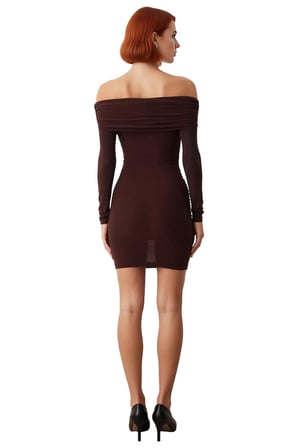 Kadınlara Özel Bodycon Midi Elbise Düz Uzun Düşük Kol Carmen Yaka Sandy Dokuma Şık Giyim Kaliteli