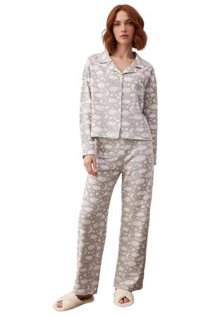 Çiçek Desenli Gömlek Yaka Pijama Takımı Kadın Fonksiyonel Dayanıklı Kaliteli Konforlu Spor