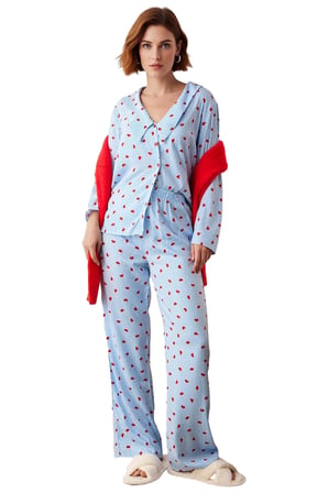 Kadın Kalp Desenli Gömlek Yaka Pijama Takımı Fonksiyonel Dayanıklı Kaliteli Konforlu Rahat