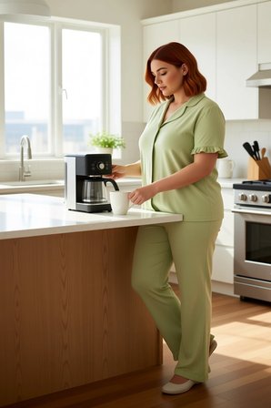 Kadın Fırfırlı Kol Gömlek Yaka Örme Pijama Takımı Fonksiyonel Dayanıklı Kaliteli Konforlu Şık