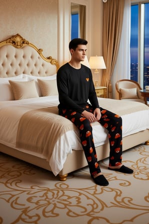 Ayıcık Baskılı Bisiklet Yaka Uzun Kollu Pijama Takımı Erkek Fonksiyonel Dayanıklı Kaliteli