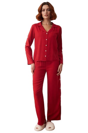 Kadın Kurdele Nakışlı Gömlek Pantolon Pijama Takımı Fonksiyonel Dayanıklı Kaliteli Estetik