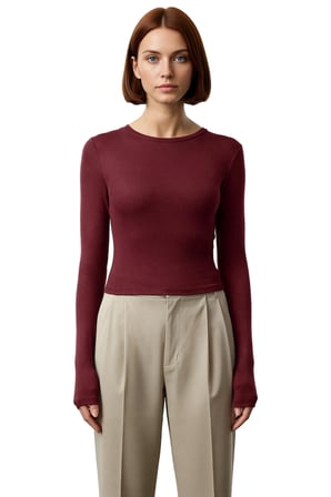 Kadın Pembe Viskon Ribana Dokulu Fitted Bisiklet Yaka Uzun Kollu Crop Bluz Günlük Kullanıma Uygun