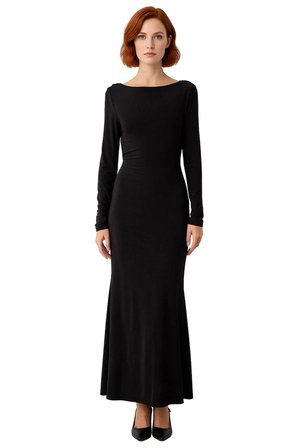 Kadın Bodycon Maxi Boy Uzun Kollu Kayık Yaka Örme Sandy Kumaş Zarif Kışlık Balo Elbisesi Kaliteli