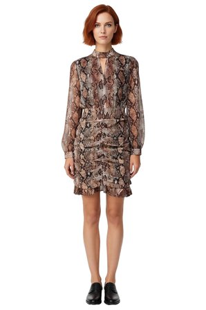 Kadın Bodycon Animal Desenli Choker Yaka Uzun Kollu Şifon Mini Elbise Şık Gece Kombinleri İçin İdeal