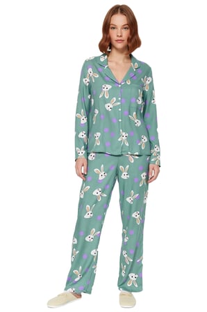 Kadın Viskon Tavşan Desenli Gömlek Pantolon Pijama Takımı Fonksiyonel Dayanıklı Kaliteli Şık