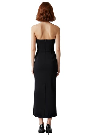 Kadın Vücudu Saran Bodycon Midi Elbise Kalın Askılı Kare Yaka Taş Detaylı Şık Gece Kokteyl