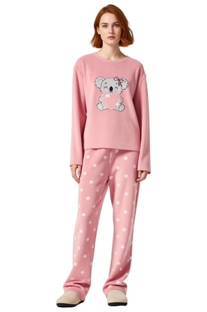 Kız Çocuk Puantiyeli Polar Pijama Takımı Sevimli Koala Baskılı Fonksiyonel Dayanıklı Rahat