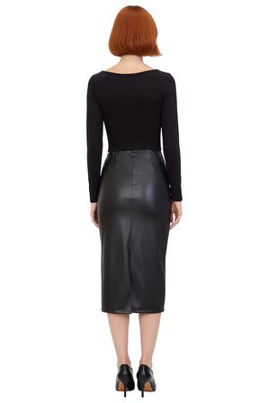 Kadın Siyah Suni Deri Bodycon Midi Elbise Kemerli Uzun Kollu Bisiklet Yaka Şık Tasarım Kaliteli