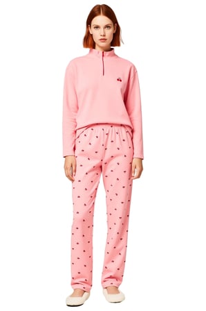 Kadın Kiraz Desenli Waffle Pijama Takımı Fermuarlı Dik Yaka Fonksiyonel Dayanıklı Kaliteli