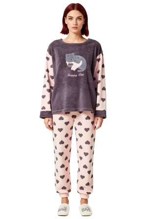 Kadın Kalpli Polar Pijama Takımı Bisiklet Yaka Uzun Kollu Fonksiyonel Dayanıklı Kaliteli Şık