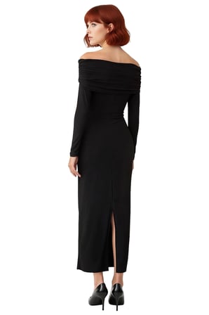 Kadın Bodycon Kesim Carmen Yaka Uzun Kollu Örme Midi Elbise Şık Gece Davetleri İçin İdeal Seçim