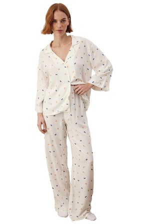 Kadın Viskon Dokuma Baskılı Gömlek Pantolon Pijama Takımı Fonksiyonel Dayanıklı Kaliteli Şık