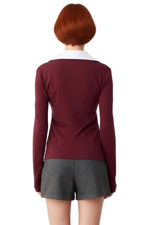 Kadın Bordo Polo Yaka Renk Bloklu Uzun Kollu Basic Siluet Smart Persona 100% Pamuk Kışlık Triko Üst