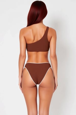 Kadın Bikini Takımı Tek Omuz Kolsuz Balensiz Normal Bel Örme Dokulu Nakış Detaylı Slip Alt