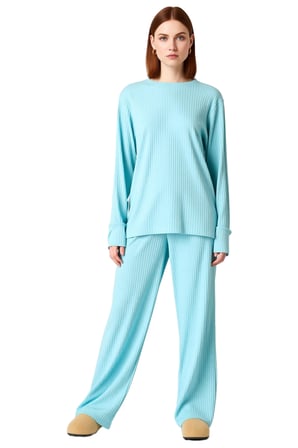 Kadın Fitilli Örme Bisiklet Yaka Uzun Kollu Pijama Takımı Fonksiyonel Dayanıklı Kaliteli Şık