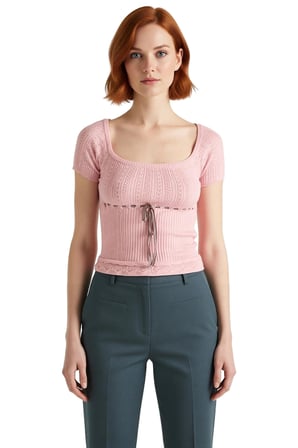 Kadın Kare Yaka Ajurlu İnce Triko Bluz Kısa Kollu ve Crop Kesim Kaliteli Şık Rahat