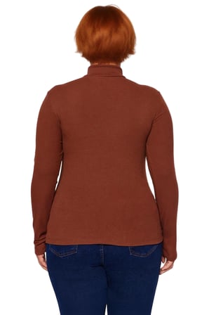 Kadın Kahverengi Dik Yaka Vücuda Oturan Fitilli Örme Bodycone Bluz Büyük Beden Günlük Konforlu