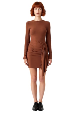Kadın Bodycon Mini Elbise Uzun Kollu Büzgü Drape Detaylı Esnek Kışlık Şık Örme Kıyafet Kaliteli