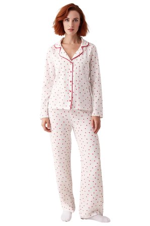 Kadın Kalp Desenli Müslin Pijama Takımı Gömlek Yaka Uzun Kollu Fonksiyonel Dayanıklı Rahat