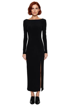 Kadınlar İçin Kayık Yaka Uzun Kollu Maxi Boy Sırt Dekolteli Şık Bodycon Örme Elbise Kaliteli
