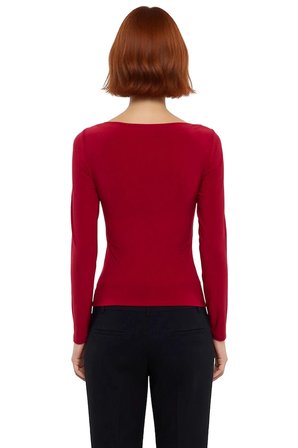 Kadın Bordo Kayık Yaka Drapeli Fitted Esnek Örme Uzun Kollu Bluz Smart Casual Günlük ve Gece