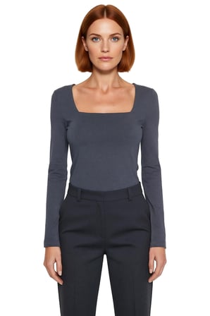 Kadın Gri Kare Yaka Fitted Uzun Kollu Pamuklu Bluz Günlük Kullanım İçin Cool & Comfort Özellikli