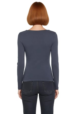 Kadın Gri Kare Yaka Fitted Uzun Kollu Pamuklu Bluz Günlük Kullanım İçin Cool & Comfort Özellikli