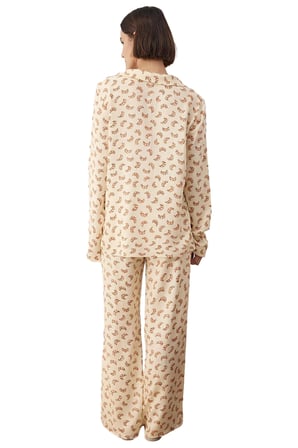 Kadın Kruvasan Desenli Viskon Pijama Takımı Uzun Kollu Gömlek ve Pantolon Fonksiyonel Spor