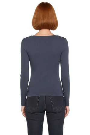Kadın Gri Kare Yaka Fitted Uzun Kollu Pamuklu Bluz Günlük Kullanım İçin Cool & Comfort Özellikli