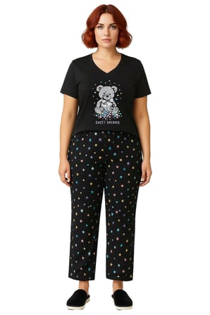 Kadın Ayıcık Yıldız Desenli V Yaka Pijama Takımı Fonksiyonel Dayanıklı Kaliteli Konforlu Şık