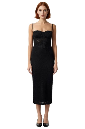 Kadın Şık Bodycon Midi Elbise İnce Askılı Kalp Yaka Dantel Detaylı Astarlı Özel Davet Elbisesi