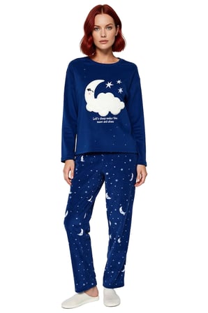 Kadin Ay Yıldız Desenli Polar Pijama Takımı Fonksiyonel Dayanıklı Kaliteli Konforlu Modern