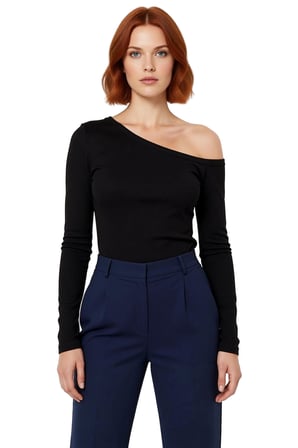 Kadın Fitted Vücuda Oturan Asimetrik Yaka Uzun Kollu Esnek Pamuklu Örme Bluz Casual Günlük Kullanım